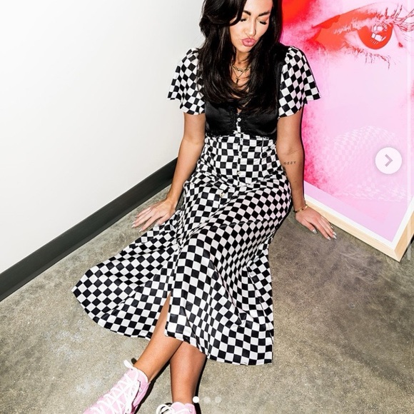 Dressed in LALA No Risk No Magic Maxi Dress Size L Checkerboard Satin Rockabilly - Picture 3 of 13